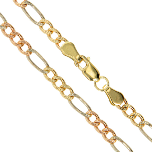 10k Gold Rose White Yellow Tri Color Solid Pave Figaro Link Chain 5.3mm Necklace