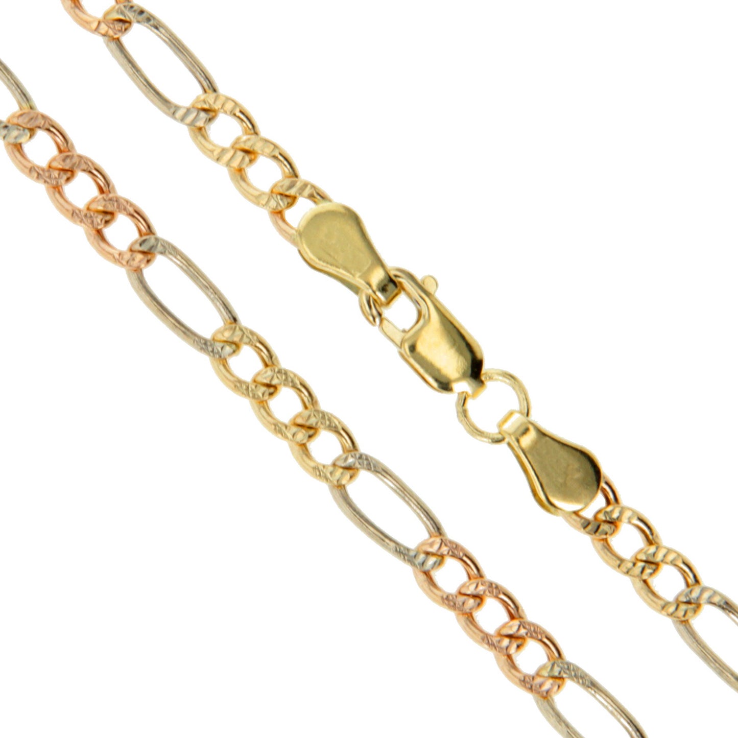 14k Gold Rose White Yellow Tri Color Solid Pave Figaro Link Chain 5.3mm Necklace