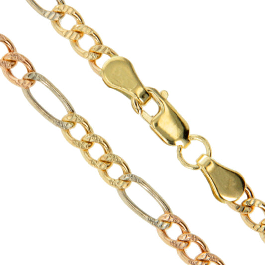 14k Gold Rose White Yellow Tri Color Solid Pave Figaro Link Chain 7mm Necklace
