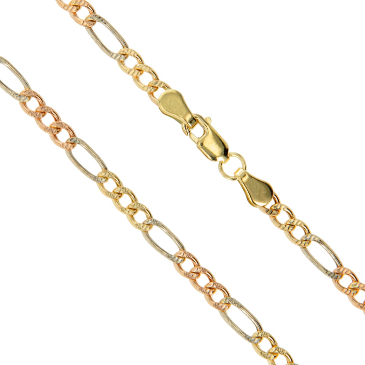 10k Gold Rose White Yellow Tri Color Solid Pave Figaro Link Chain 1.9mm Necklace