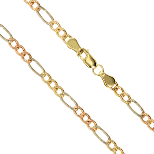 14k Gold-Hollow Tri Color White Rose Yellow Figaro Chain 2.6mm Pave Necklace