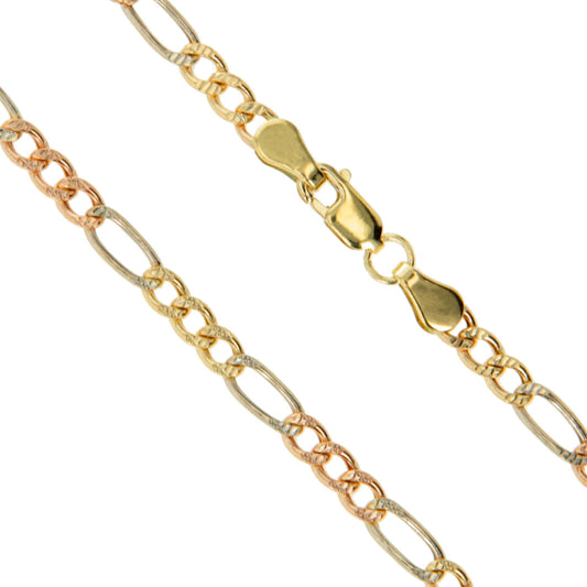 10k Gold-Hollow Tri Color White Rose Yellow Figaro Chain 3.3mm Pave Necklace