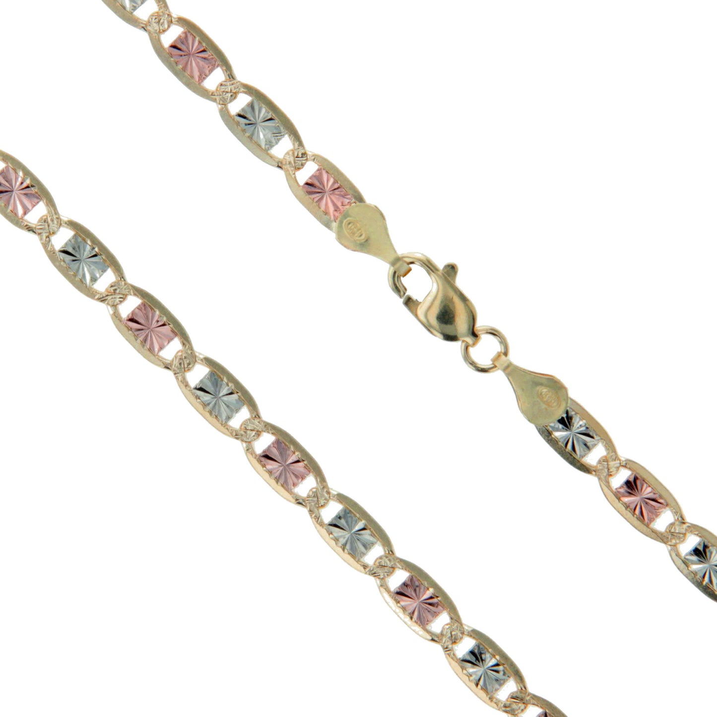 10k Gold Rose White Yellow Tri Color Solid Valentino Diamond-Cut Star Link Chain 4mm Necklace
