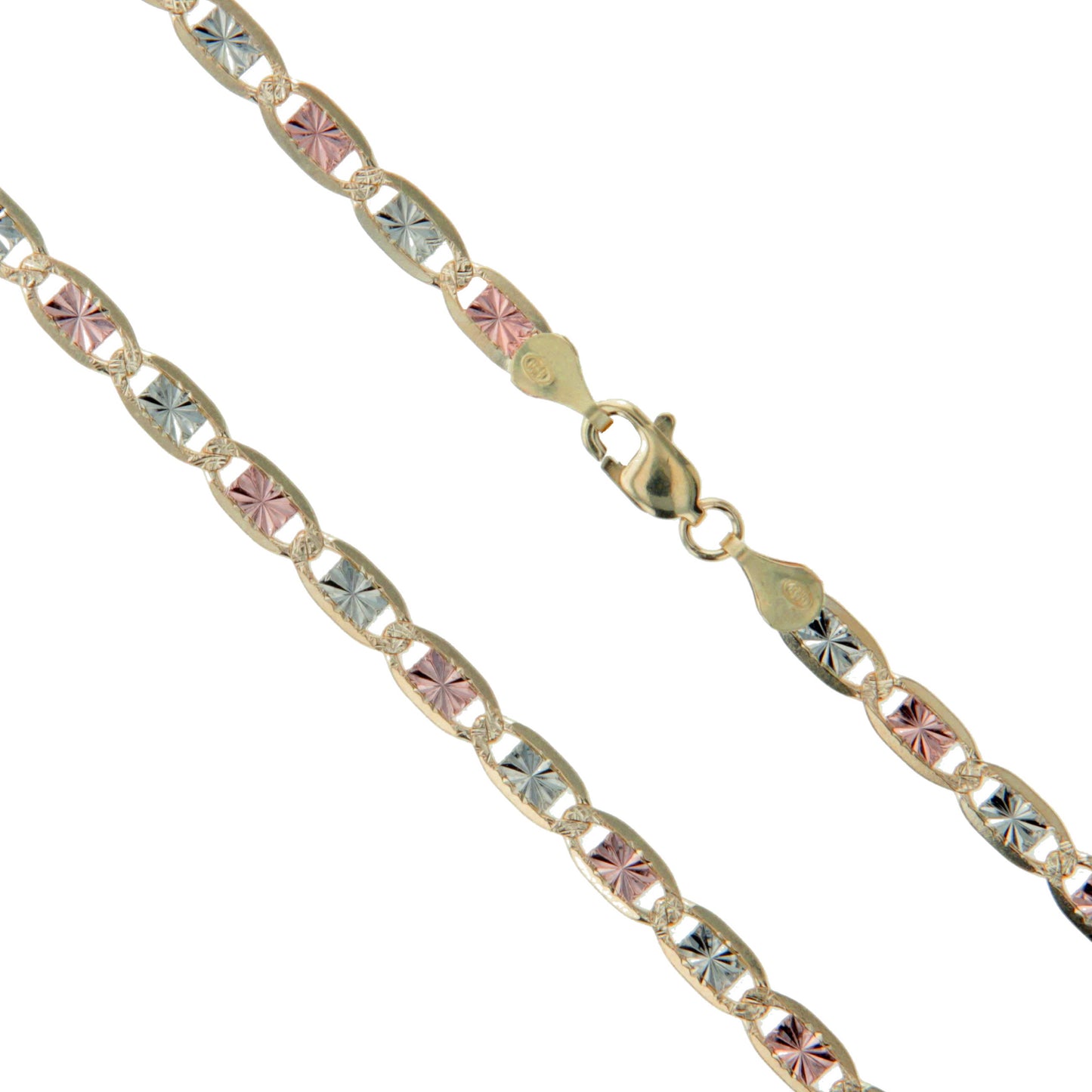 10k Gold Rose White Yellow Tri Color Solid Valentino Diamond-Cut Star Link Chain 3.2mm Necklace