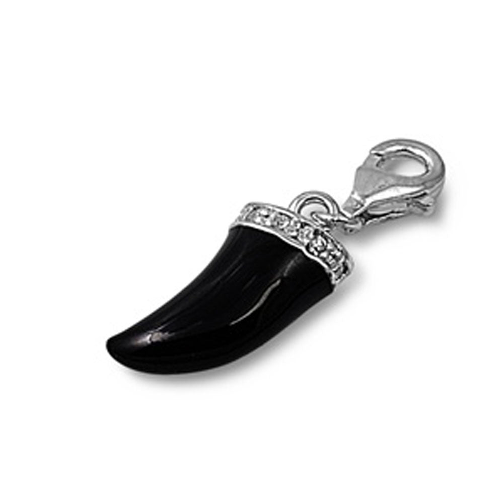 Italian Horn Pendant Black Simulated Onyx .925 Sterling Silver Studded Charm