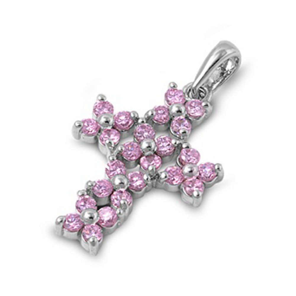 Bold Vintage Flower Cross Pendant Pink Simulated CZ .925 Sterling Silver Charm