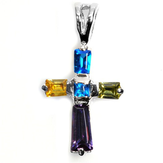 Sterling Silver Colorful Unique Cross Pendant Multicolor CZ Charm