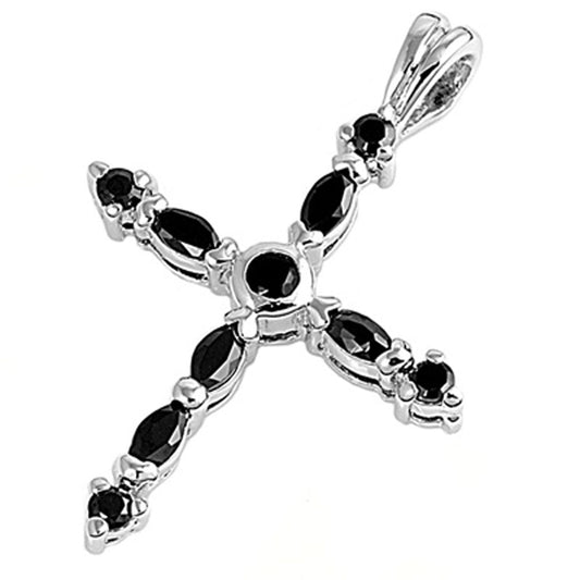 Sterling Silver Elongated Studded Cross Religious Black CZ Pendant