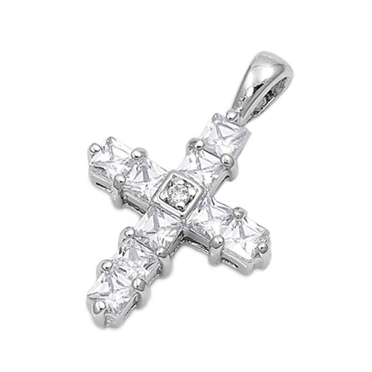 Sterling Silver Simple Geometric Cross Religious Clear CZ Pendant