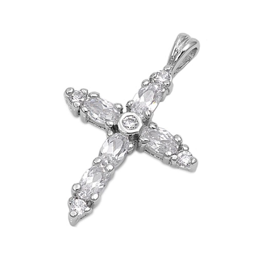 Ornate Vintage Cross Pendant Clear CZ .925 Sterling Silver Oval Charm