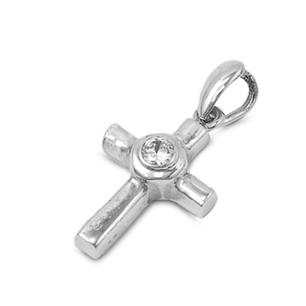 Bold Round Cross Pendant Clear Simulated CZ .925 Sterling Silver Catholic Charm