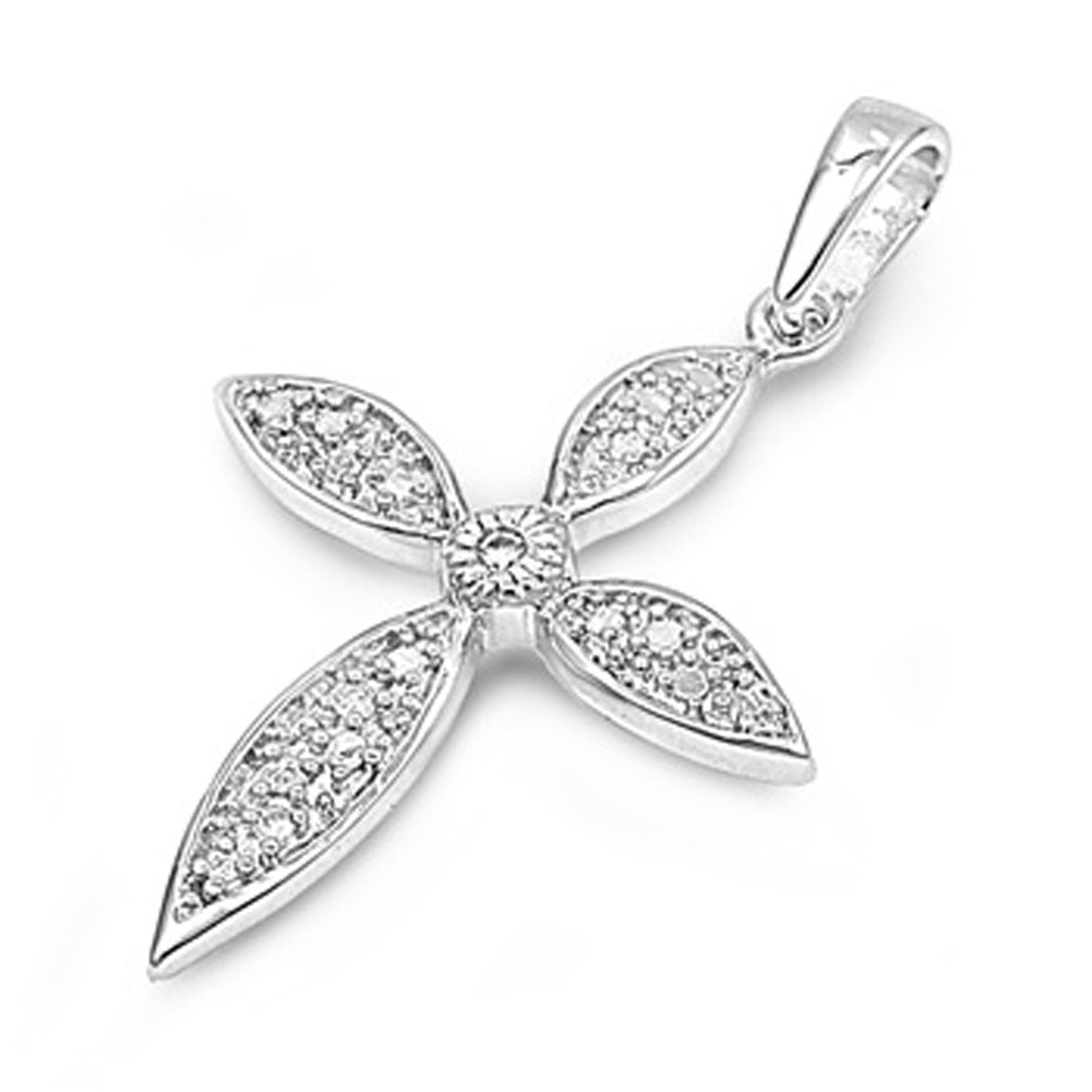 Ornate Classic Leaf Cross Pendant Clear Simulated CZ .925 Sterling Silver Charm