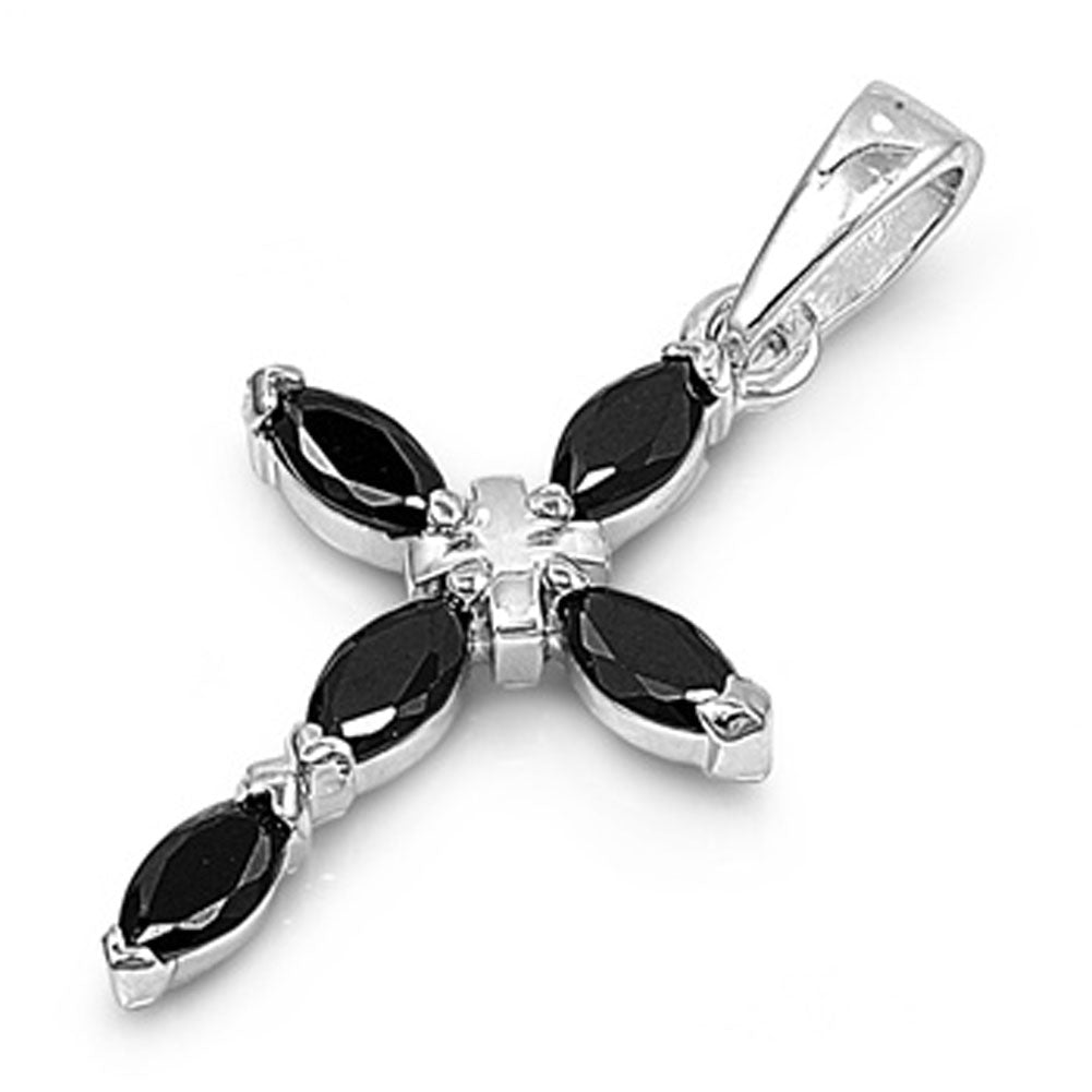 Simple Classic Cross Pendant Black Simulated CZ .925 Sterling Silver Charm