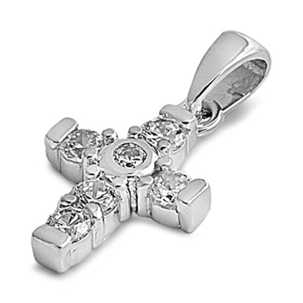 Sterling Silver High Polish Bold Chunky Cross Pendant Clear Simulated CZ Charm