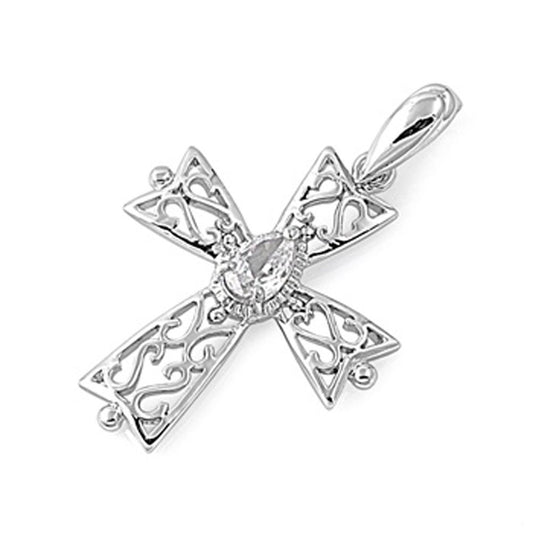 Sterling Silver Vintage Filigree Swirl Cross Pendant Clear CZ Charm