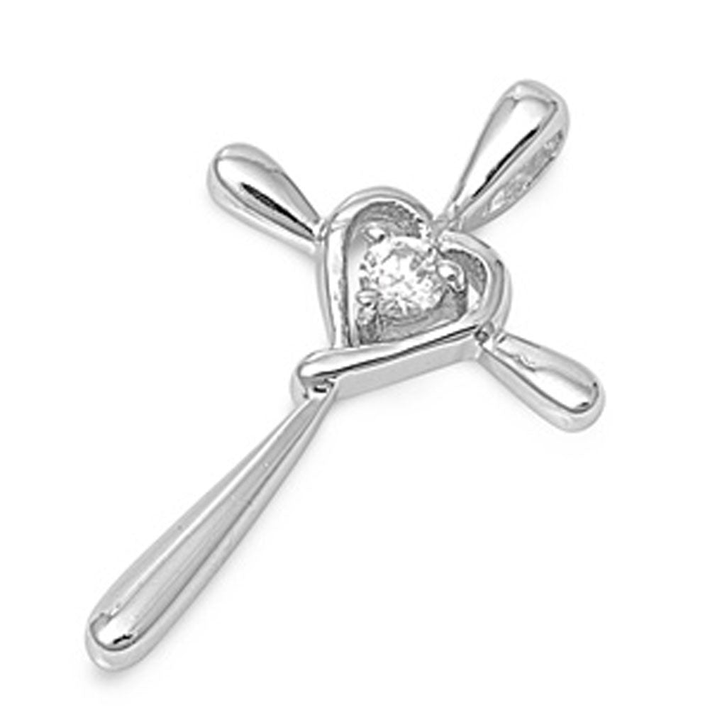 Sterling Silver Minimalist Shiny Cross Love Clear CZ Pendant Charm