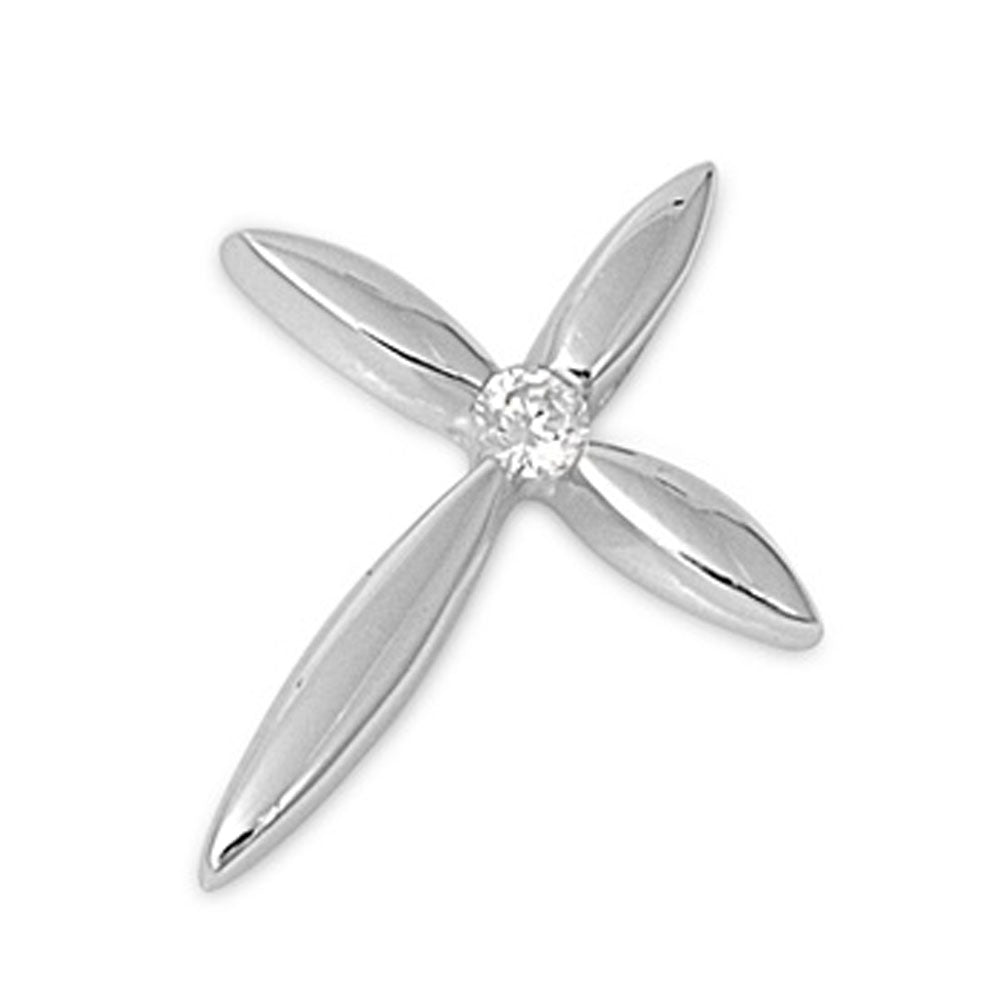 High Polish Floral Cross Clear CZ Pendant .925 Sterling Silver Charm