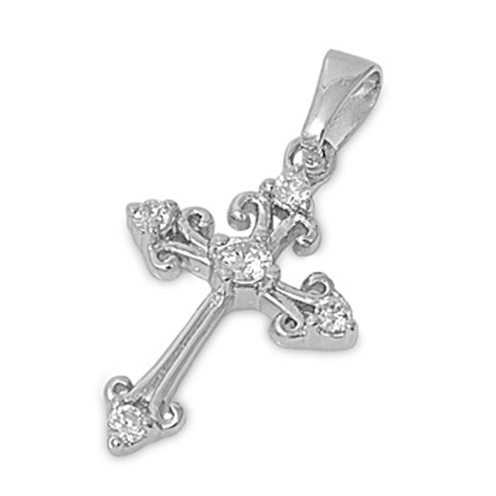 Sterling Silver Ornate Filigree Swirl Cross Pendant Clear CZ Charm