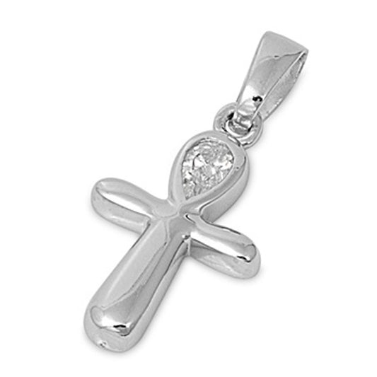 Simple Classic Ankh Cross Pendant Clear CZ .925 Sterling Silver Charm
