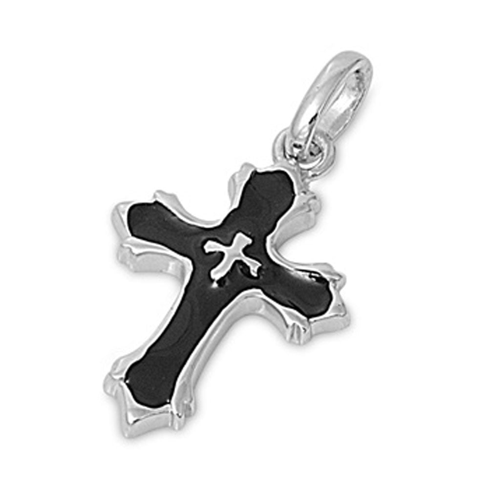 Bold Double Cross Pendant Black Simulated Onyx .925 Sterling Silver Black Charm