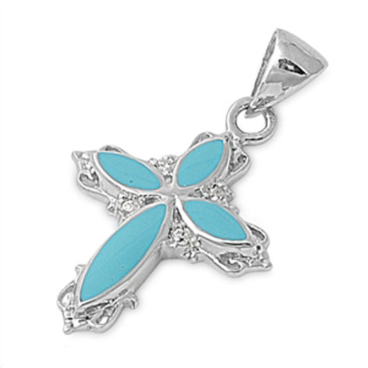 Sterling Silver Elegant Vintage Floral Cross Pendant Simulated Turquoise Charm