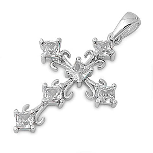 Sterling Silver High Polish Ornate Filigree Cross Pendant Clear CZ