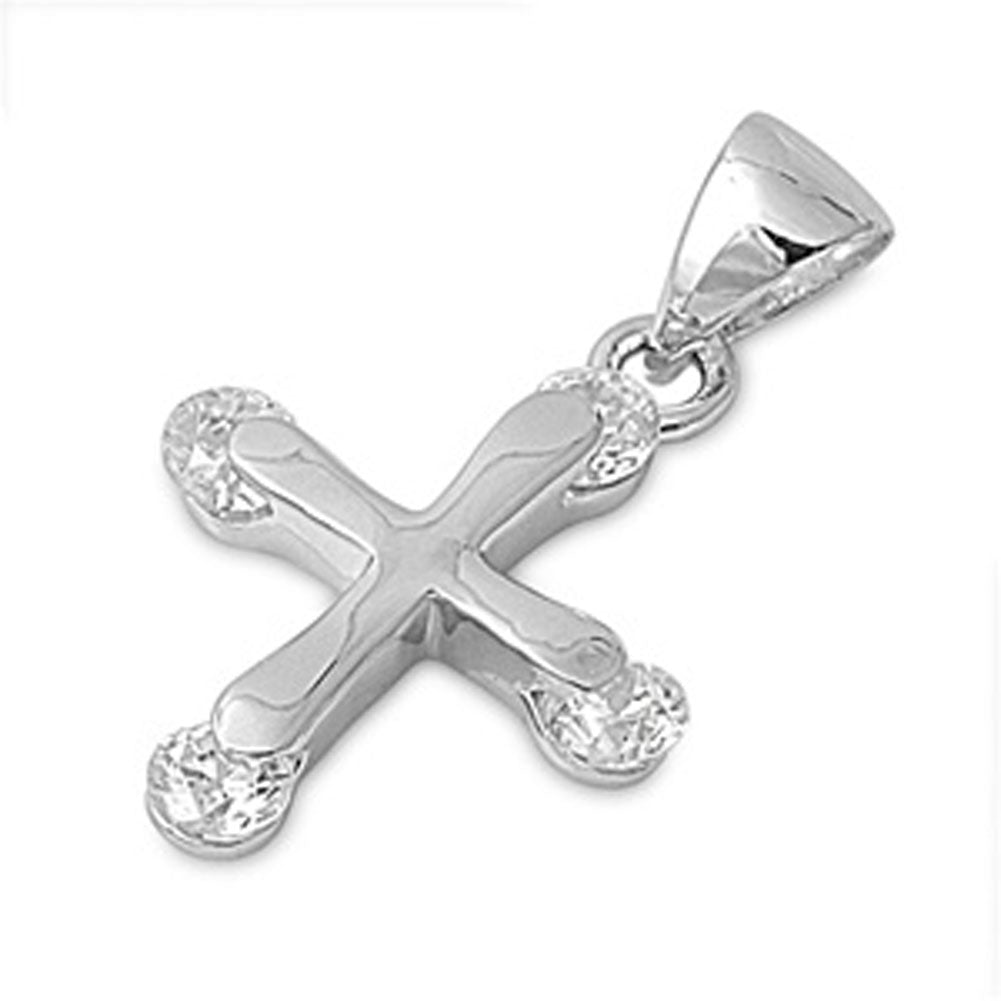 High Polish Simple Cross Pendant Clear Simulated CZ .925 Sterling Silver Charm