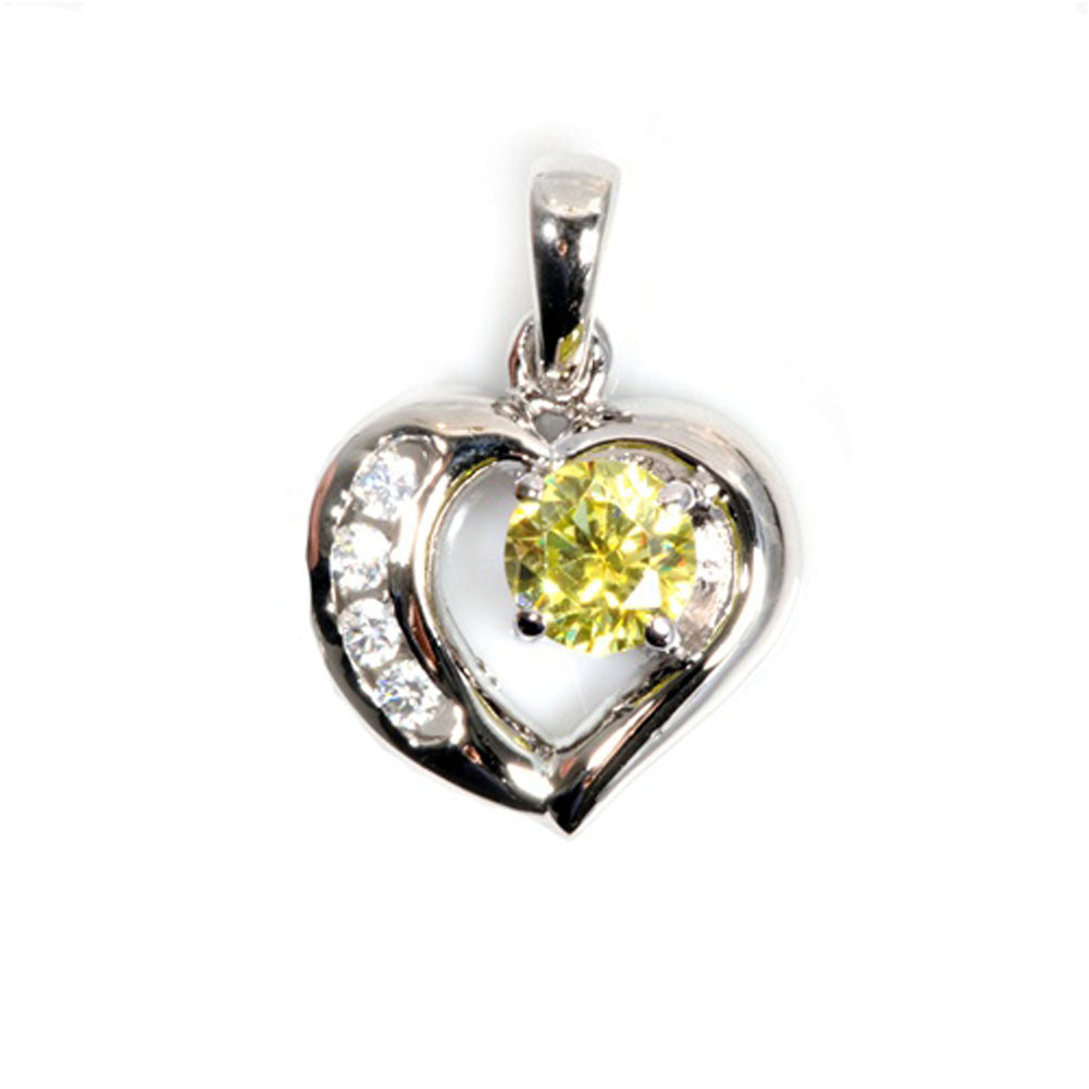 Ornate Solitaire Heart Pendant Yellow CZ .925 Sterling Silver Charm