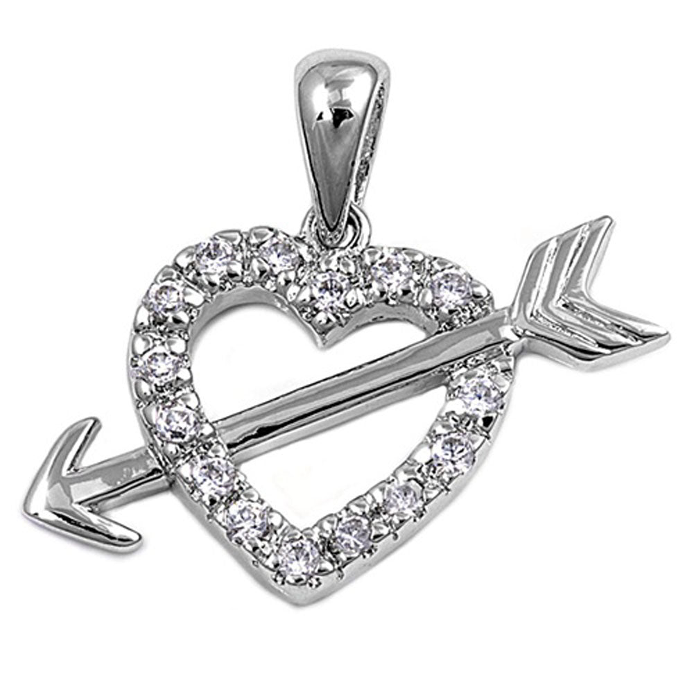 Sterling Silver Arrow Ornate Studded Cupid Heart Pendant Clear Simulated CZ