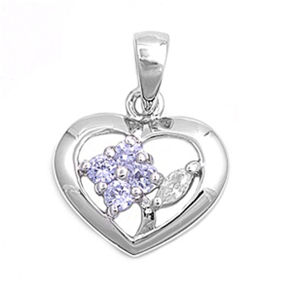 Sterling Silver High Polish Promise Heart Leaf Simulated Lavender Pendant Charm