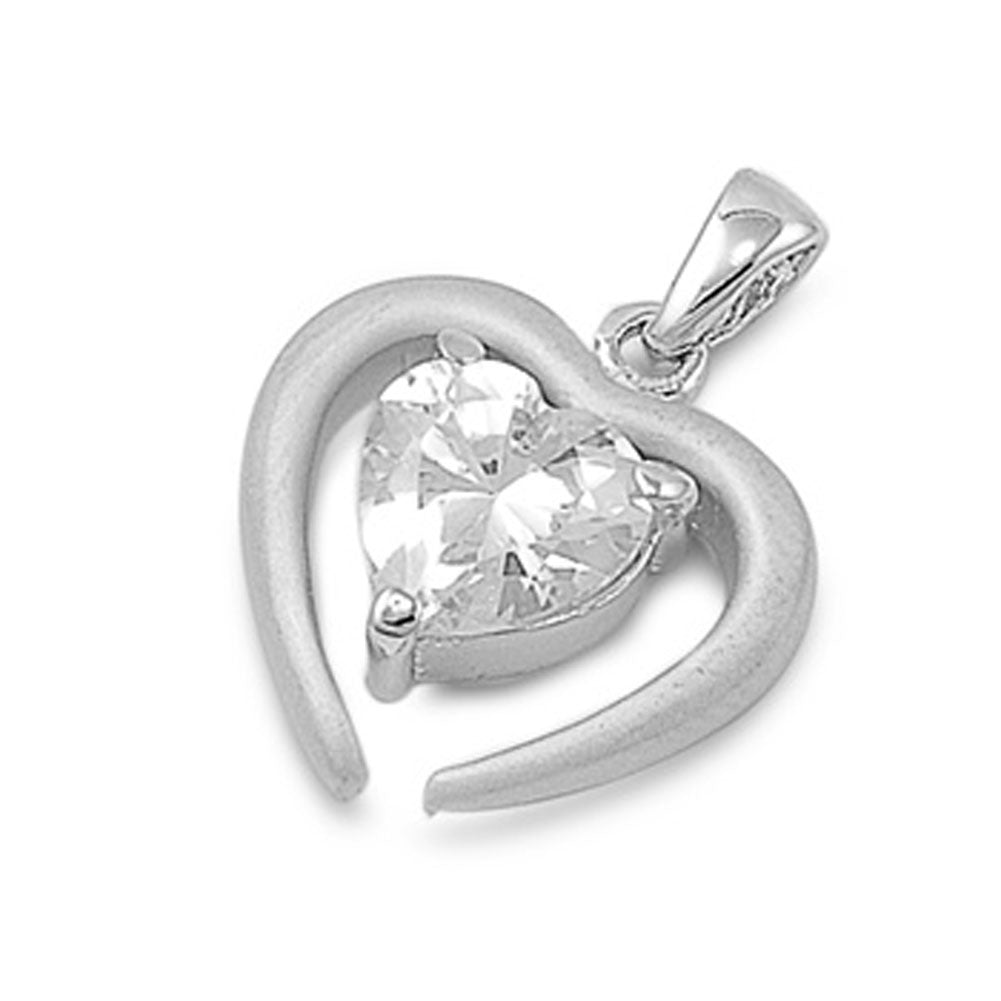 Sterling Silver Solitaire Abstract Wishbone Heart Pendant Clear CZ
