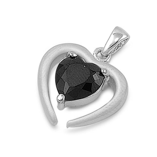 Abstract Solitaire Heart Pendant Black CZ .925 Sterling Silver Charm