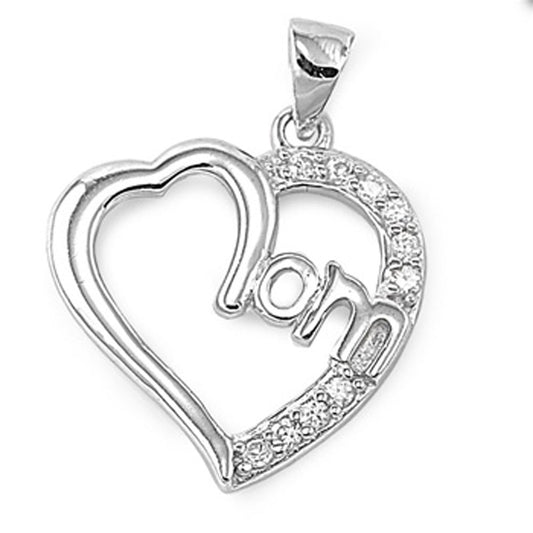 Mom Open Promise Heart Pendant Clear CZ .925 Sterling Silver Charm