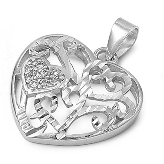 Sterling Silver Etched Filigree Promise Heart Clear Simulated CZ Pendant Charm