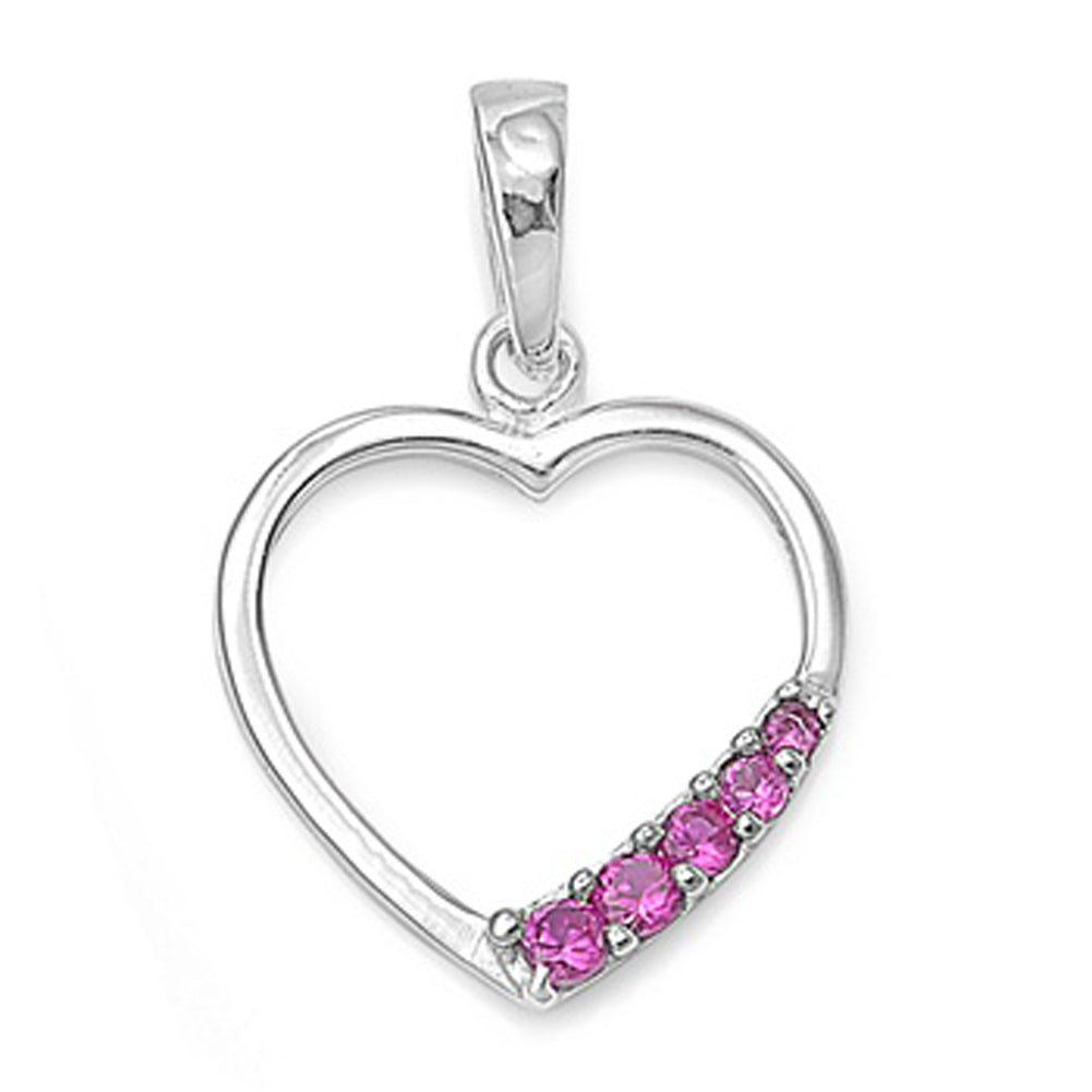 Sterling Silver Outline Simple Promise Heart Pendant Pink Simulated CZ Charm