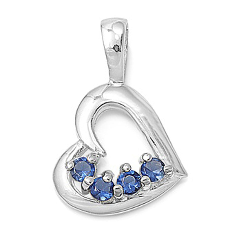 Sterling Silver Outline Shiny Promise Heart Pendant Blue Simulated Sapphire