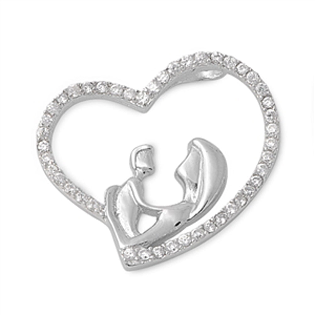 Mother and Baby Heart Pendant Clear Simulated CZ .925 Sterling Silver Son Charm