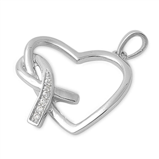 Fight Cancer Heart Pendant Clear CZ .925 Sterling Silver Ribbon Charm