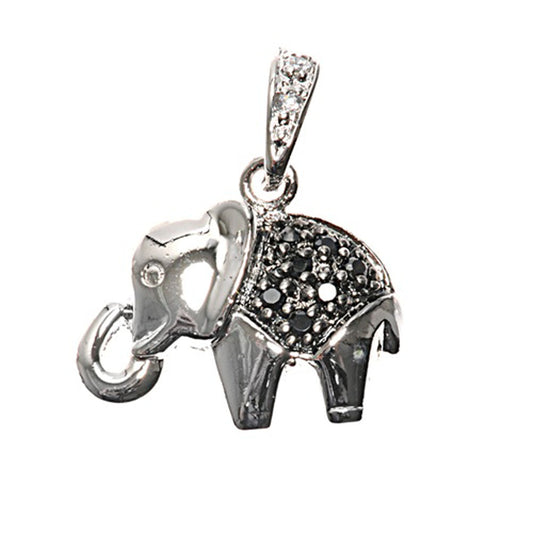 Shiny Studded Elephant Pendant Black CZ .925 Sterling Silver Charm