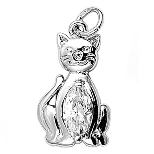 High Polish Kitty Cat Pendant Clear CZ .925 Sterling Silver Pet Charm