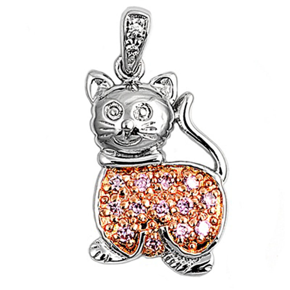 Two Tone Studded Cat Pendant Pink CZ .925 Sterling Silver Animal Charm