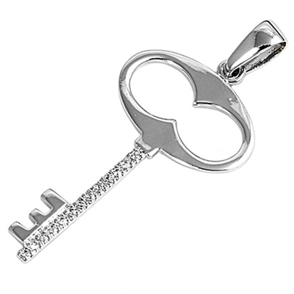 Sterling Silver Micro Pave Simple Skeleton Key Pendant Clear CZ Charm