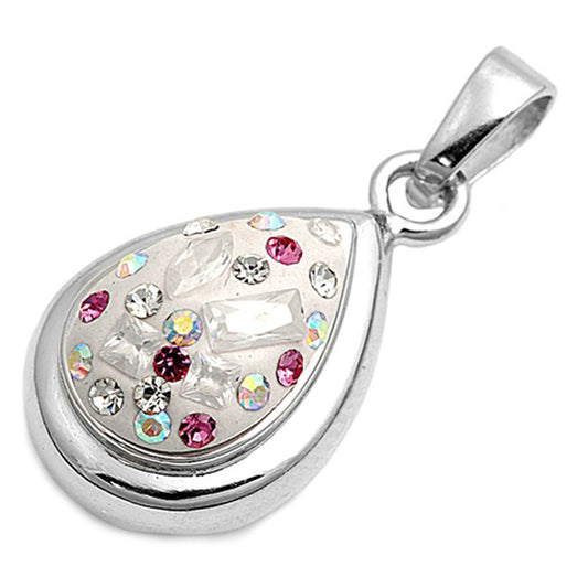 Studded Multi Color Teardrop Mosaic Pendant .925 Sterling Silver Cute Charm