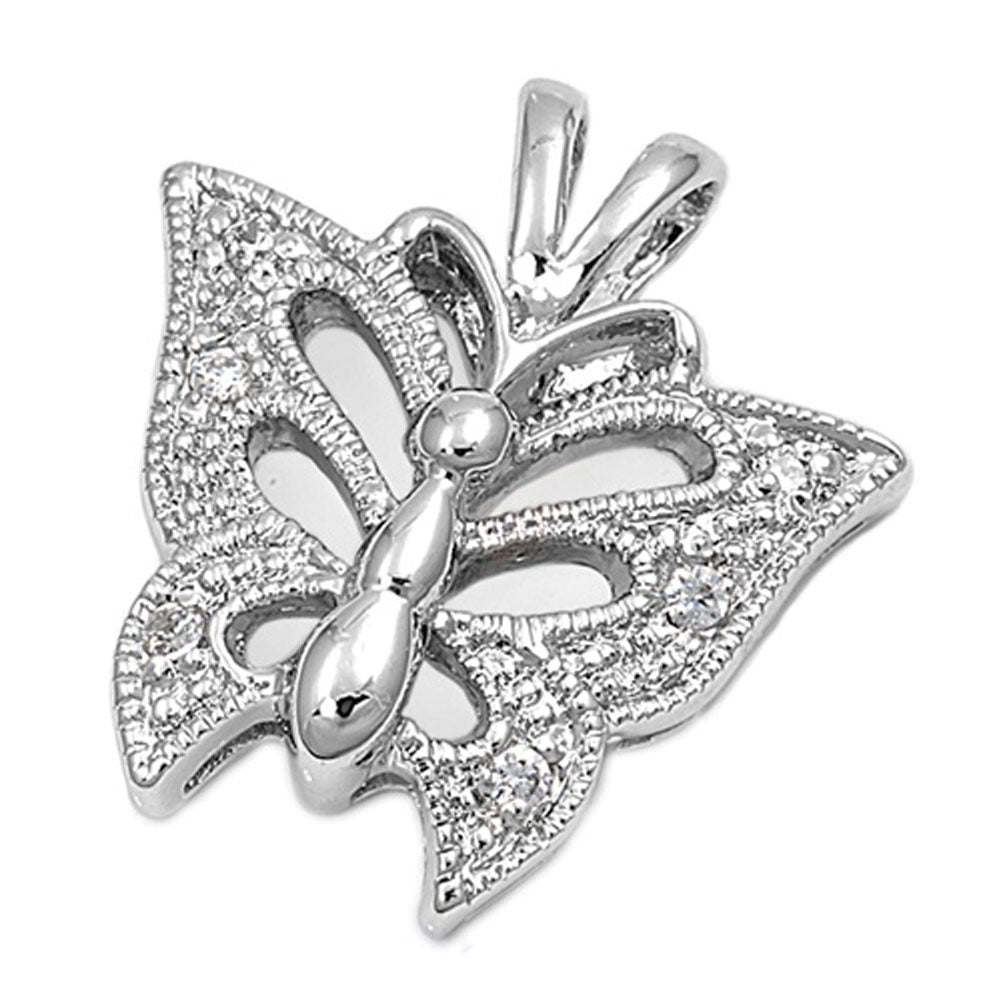 Sterling Silver Ornate Cutout Cluster Butterfly Clear Simulated CZ Pendant Charm