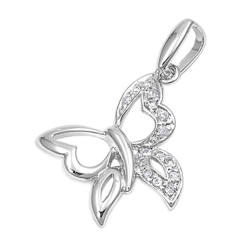 Sterling Silver Shiny High Polish Butterfly Pendant Clear CZ Charm