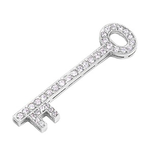 Sterling Silver Elongated Skeleton Key Cute Clear CZ Pendant Charm