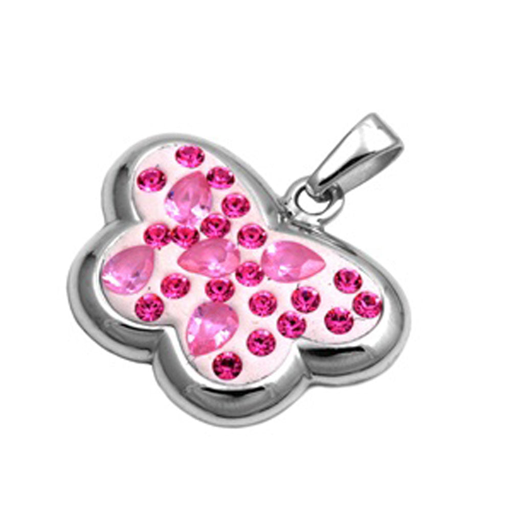 Cute Mosaic Butterfly Pendant Pink Simulated CZ .925 Sterling Silver Girl Charm