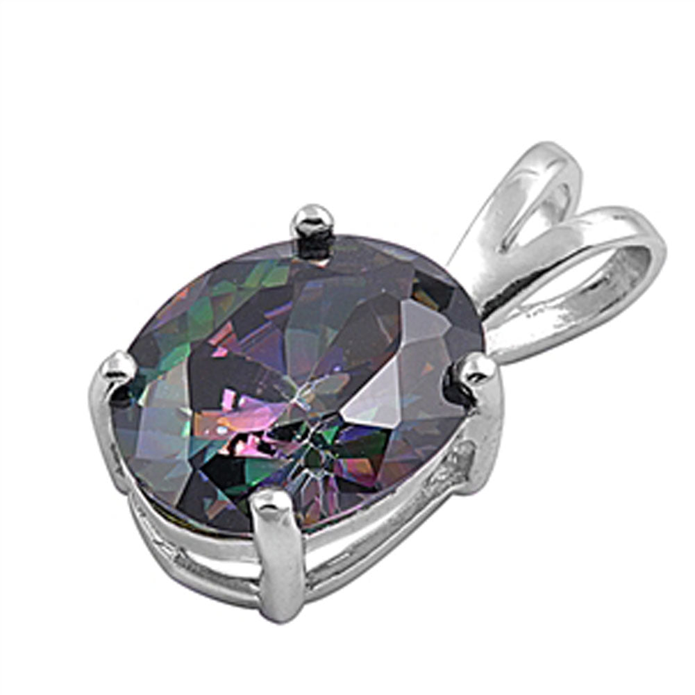 Sterling Silver Oval Classic Solitaire Pendant Rainbow Simulated Topaz Charm