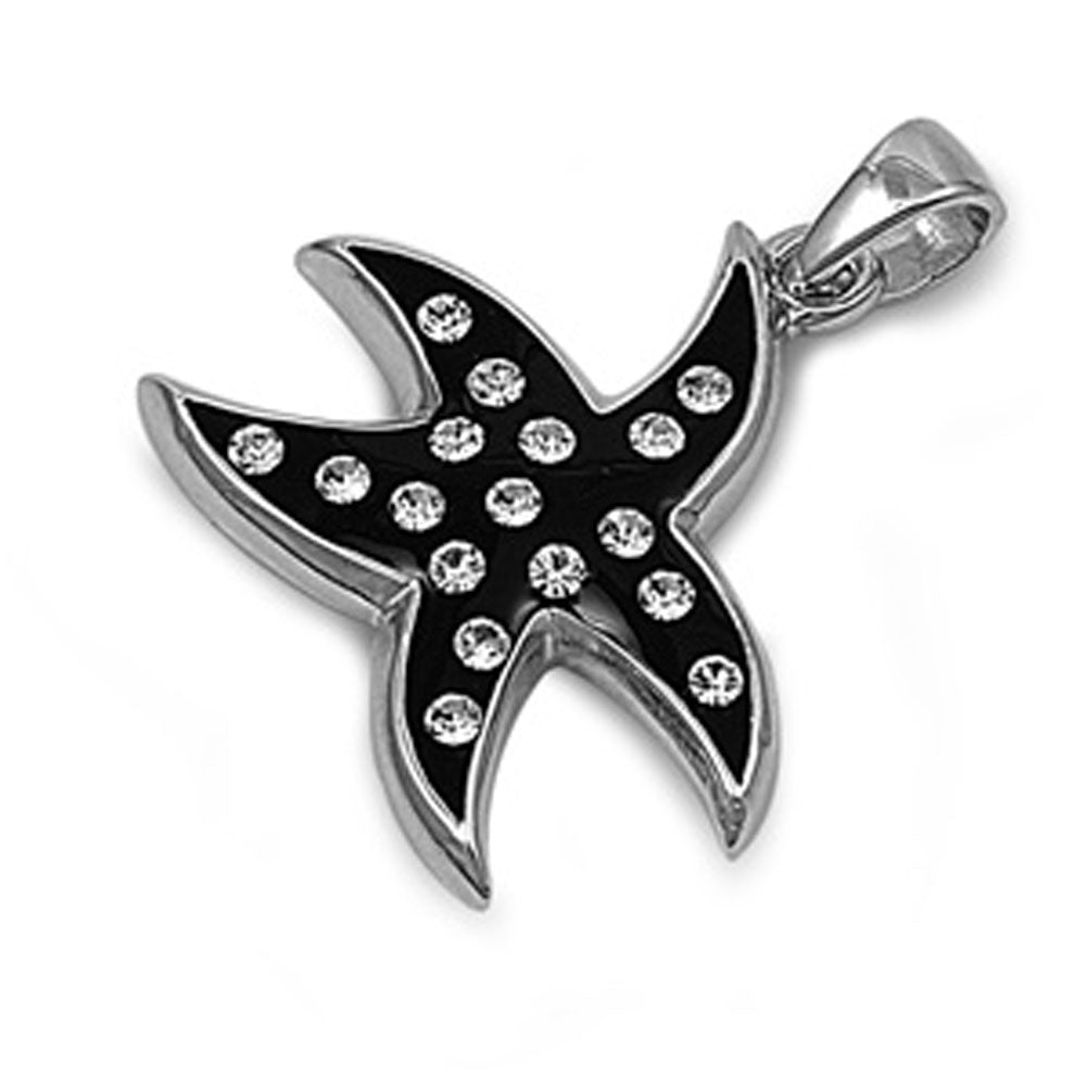 Funky Bold Starfish Pendant Clear Simulated CZ .925 Sterling Silver Black Charm