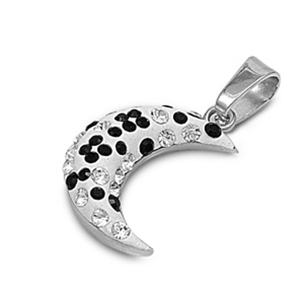 Mosaic Studded Funky Moon Pendant Black CZ .925 Sterling Silver Charm